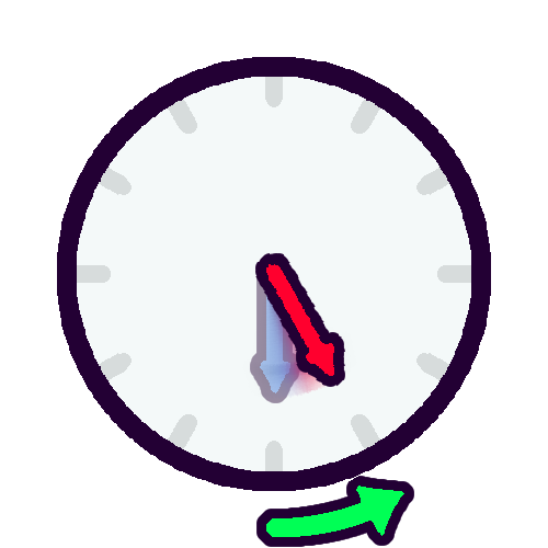 A drawing of an analog clock being set back one hour. A semi-transparent  blue hour hand sits at 6 o’clock, showing the time before the change. Then, an opaque red hour hand sits at 5 o’clock, showing the current time. Motion blur and a green arrow outside of the clock show the counter-clockwise motion. The clock is circular and colored a blue-ish off-white. It lacks any numbers, just having a set of 12 small lines around the outer edge for each hour. It also lacks a minute hand. 